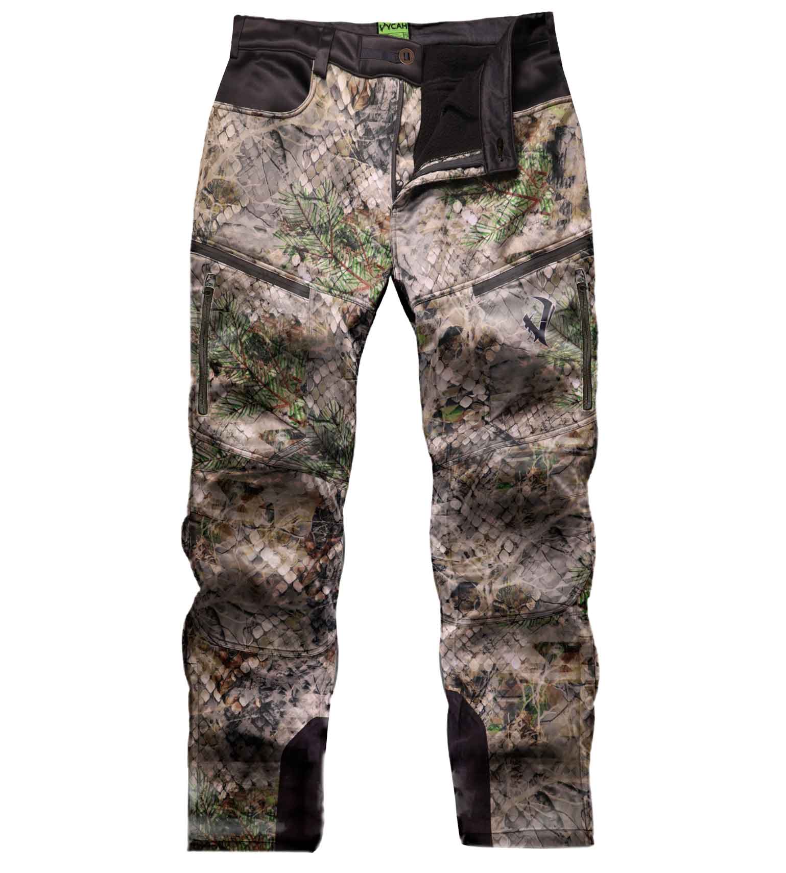 Vycah Kinsley Pant in Fall camo, front view with black waistband and double-zip front pockets