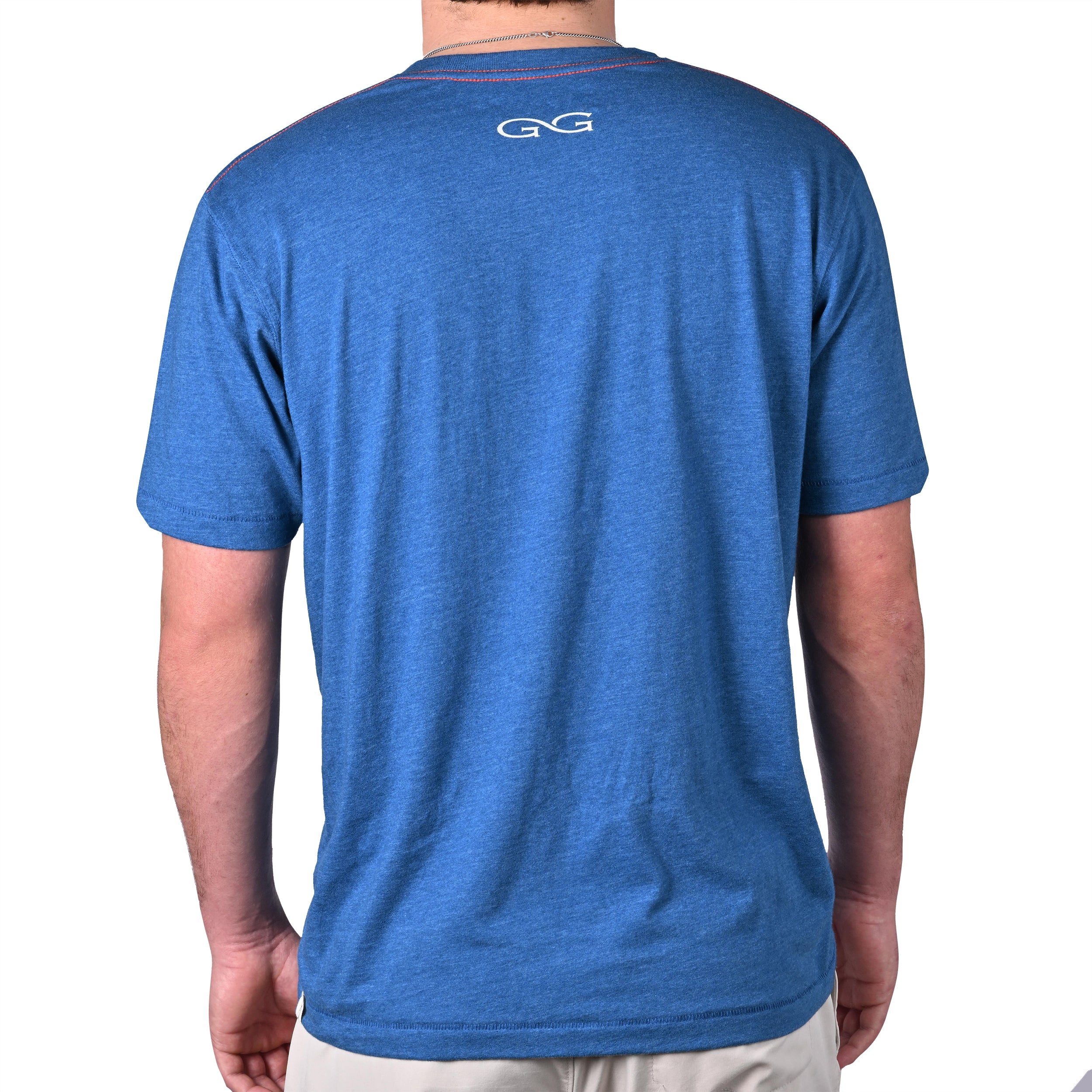 Blue heather short sleeve t-shirt with white logo on back, red stitching detail, outdoor apparel
