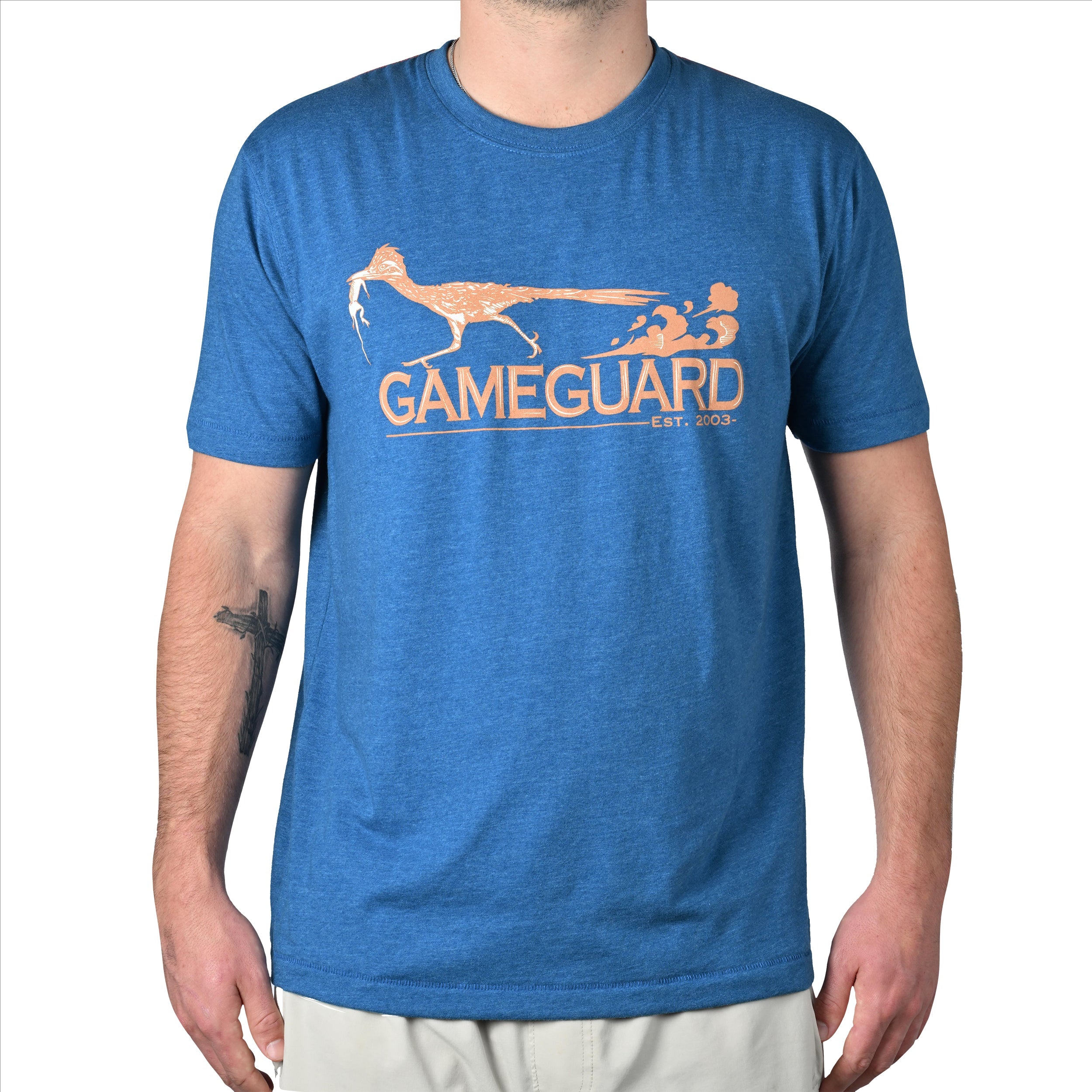 Blue GameGuard t-shirt with roadrunner graphic, hunting apparel for outdoorsmen