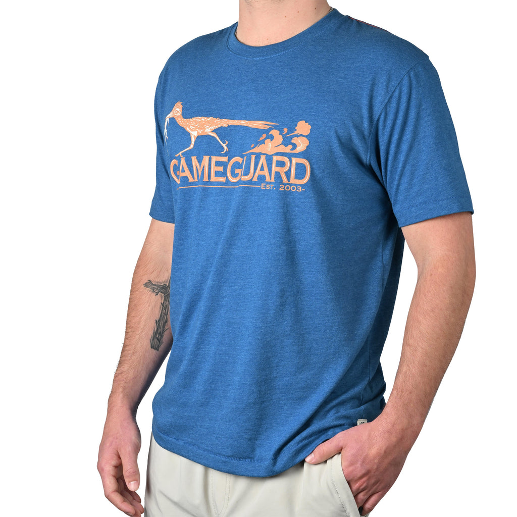 Blue GameGuard t-shirt with roadrunner graphic, outdoor hunting apparel
