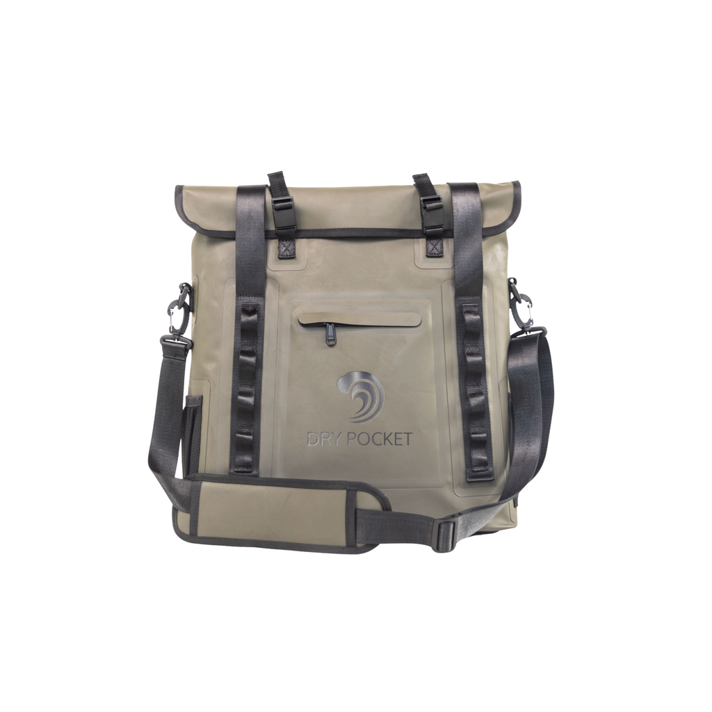 Waterproof dry bag with roll-top closure, black straps, and front dry pocket for hunting and outdoor gear storage