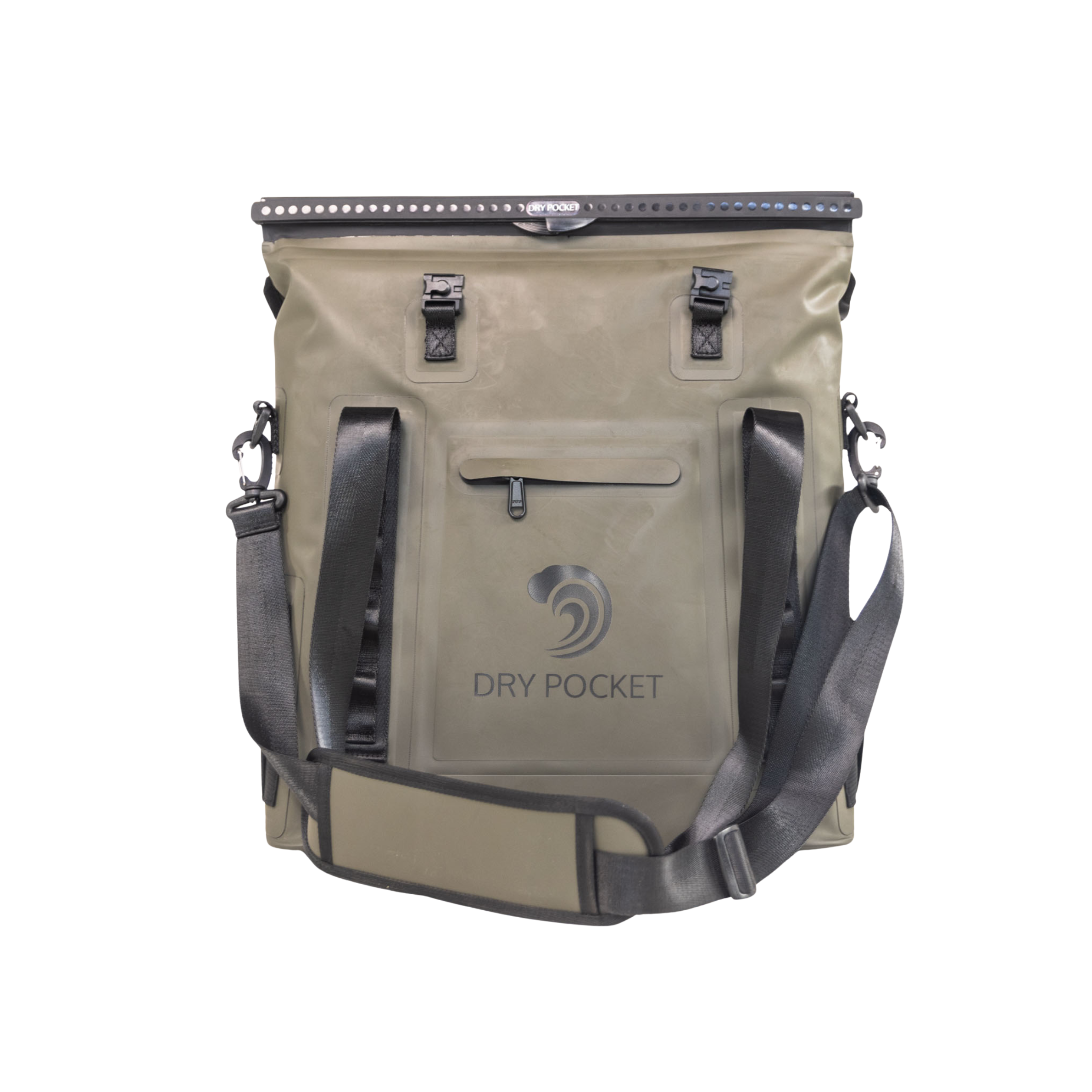 Olive green Dry Pocket waterproof dry bag with shoulder straps, ideal for hunting, fishing, and outdoor adventures.