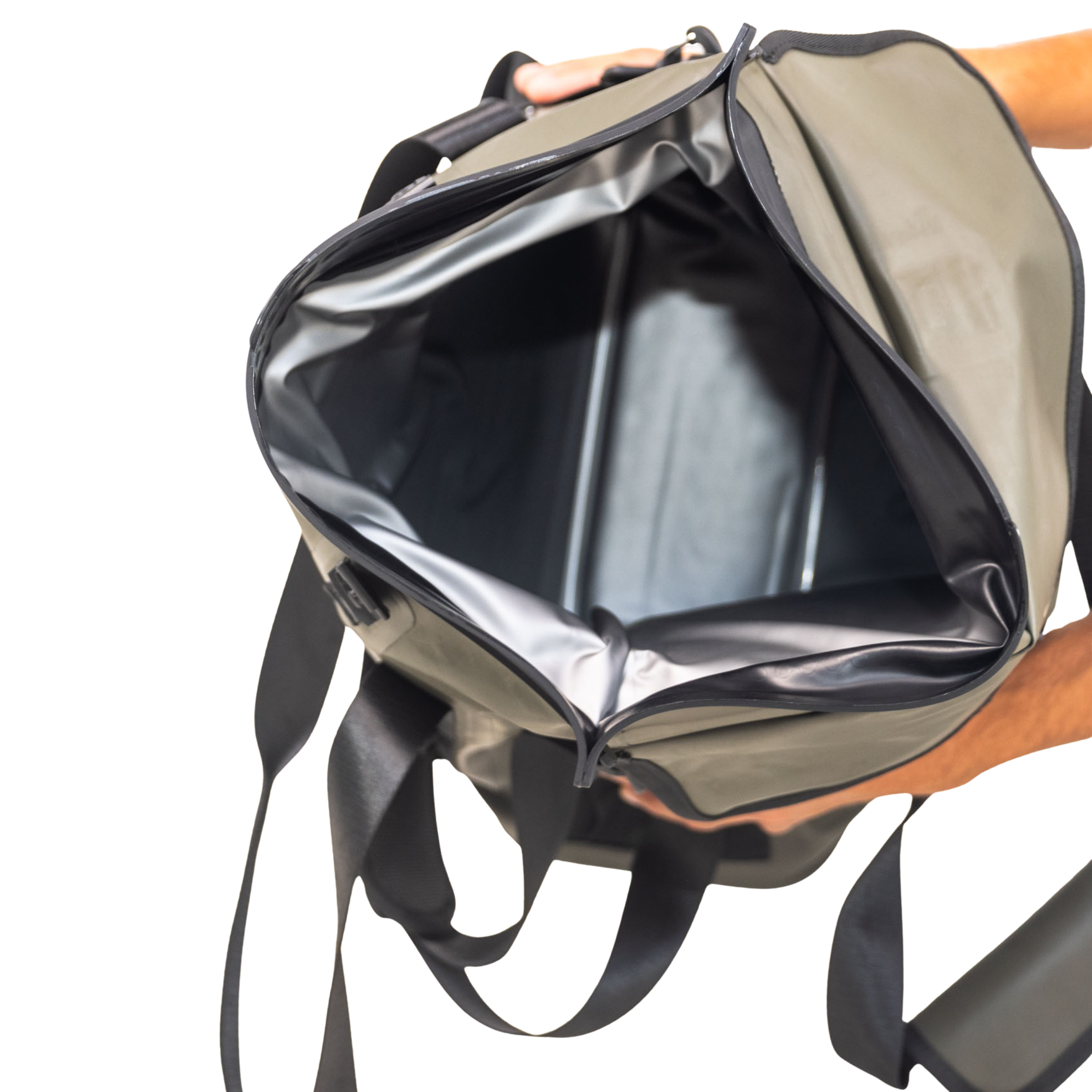 Olive green waterproof hunting gear bag with black interior and straps, ideal for outdoor adventures