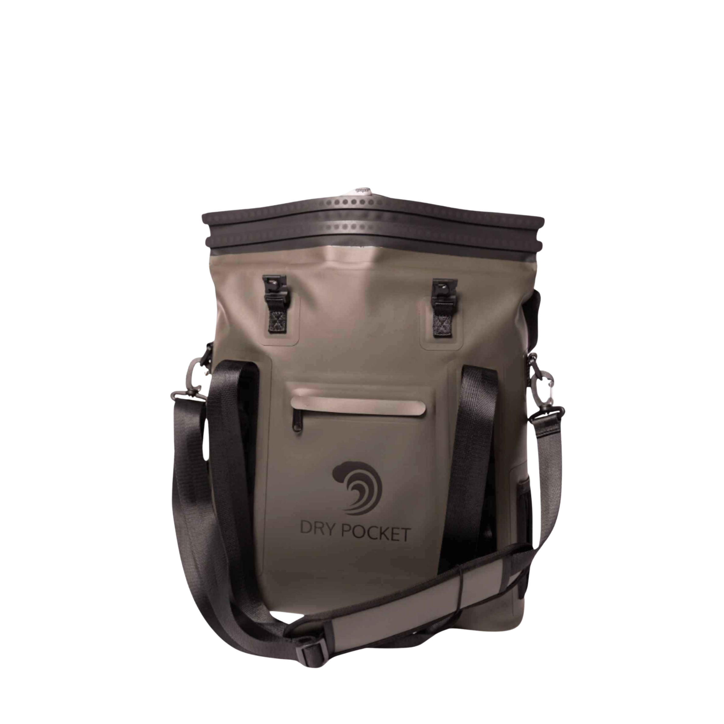 Olive green waterproof dry bag with shoulder strap, Dry Pocket logo, for hunting and outdoor gear storage