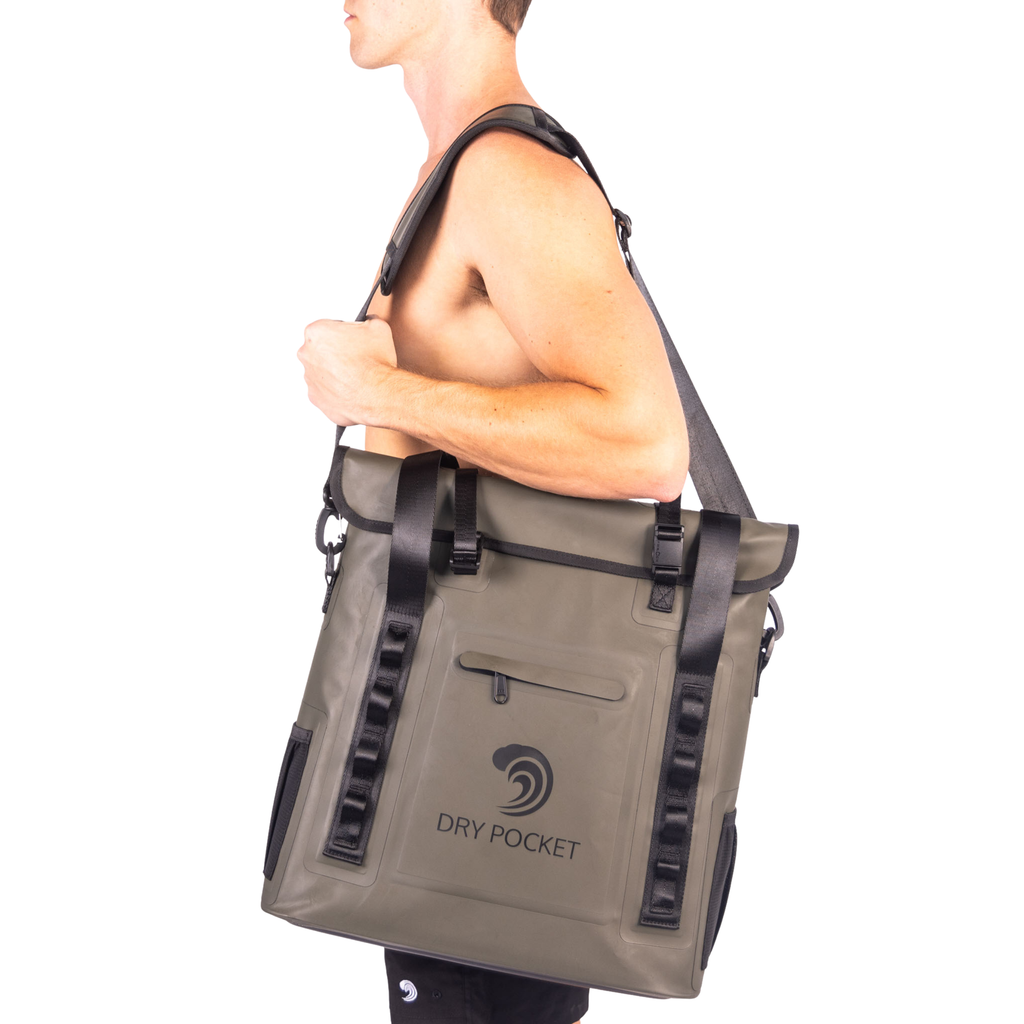 Olive green Dry Pocket waterproof dry bag with shoulder strap, ideal for hunting, fishing, and outdoor adventures.