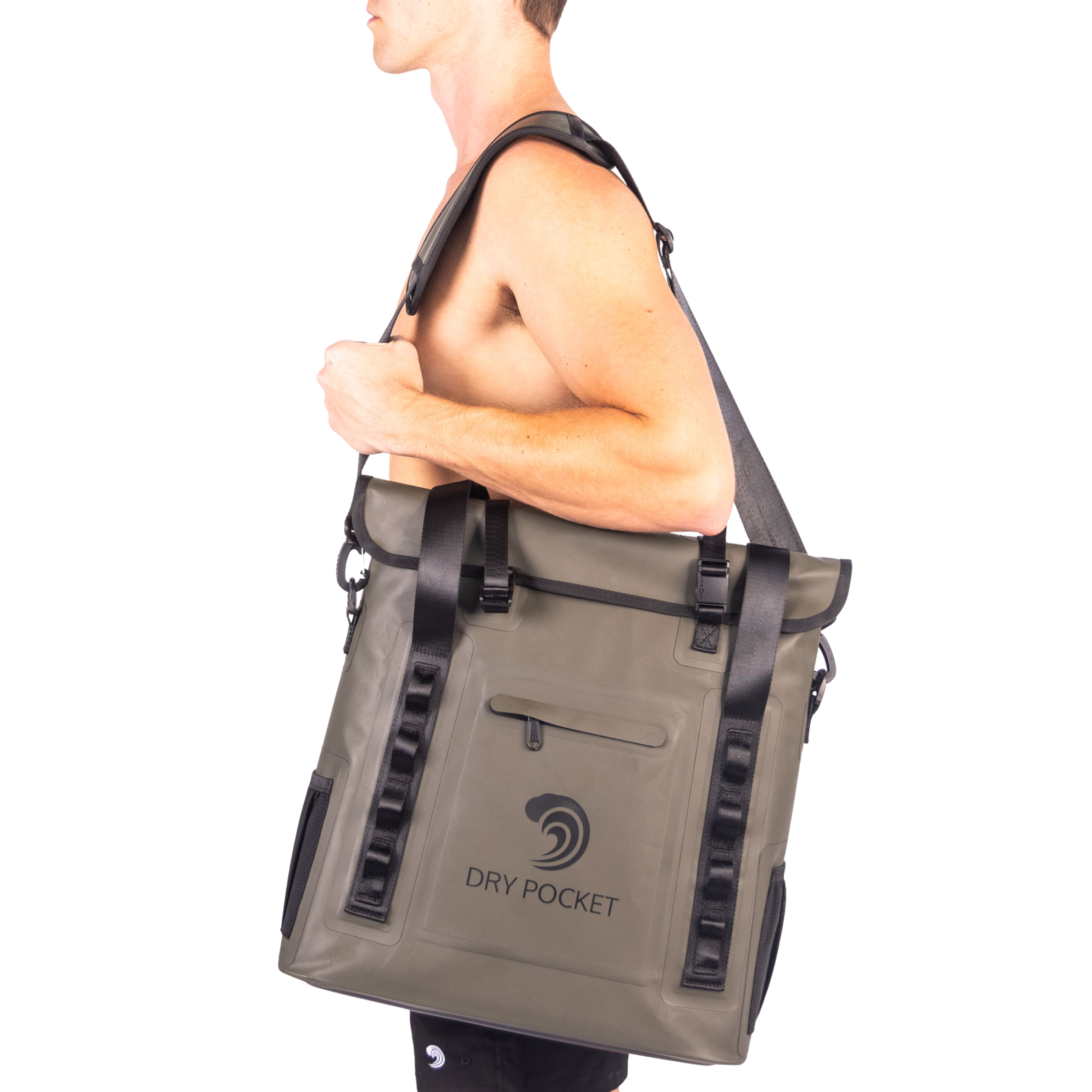 Olive green Dry Pocket waterproof dry bag with shoulder strap, ideal for hunting, fishing, and outdoor adventures.