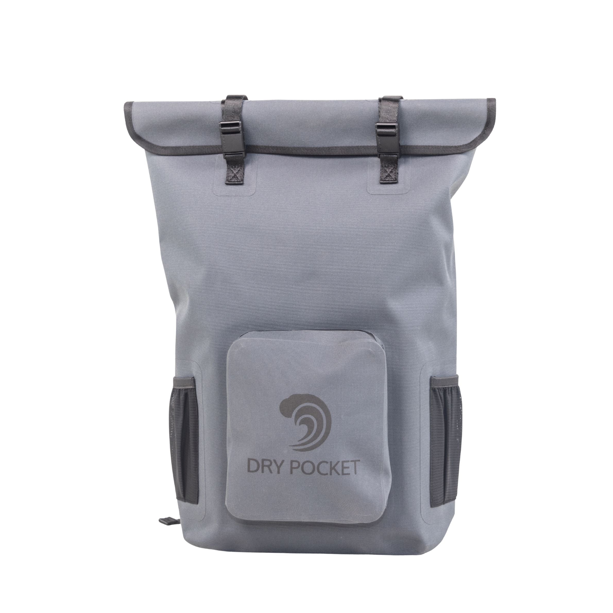 Gray waterproof roll-top backpack with dry pocket, ideal for hunting and outdoor adventures
