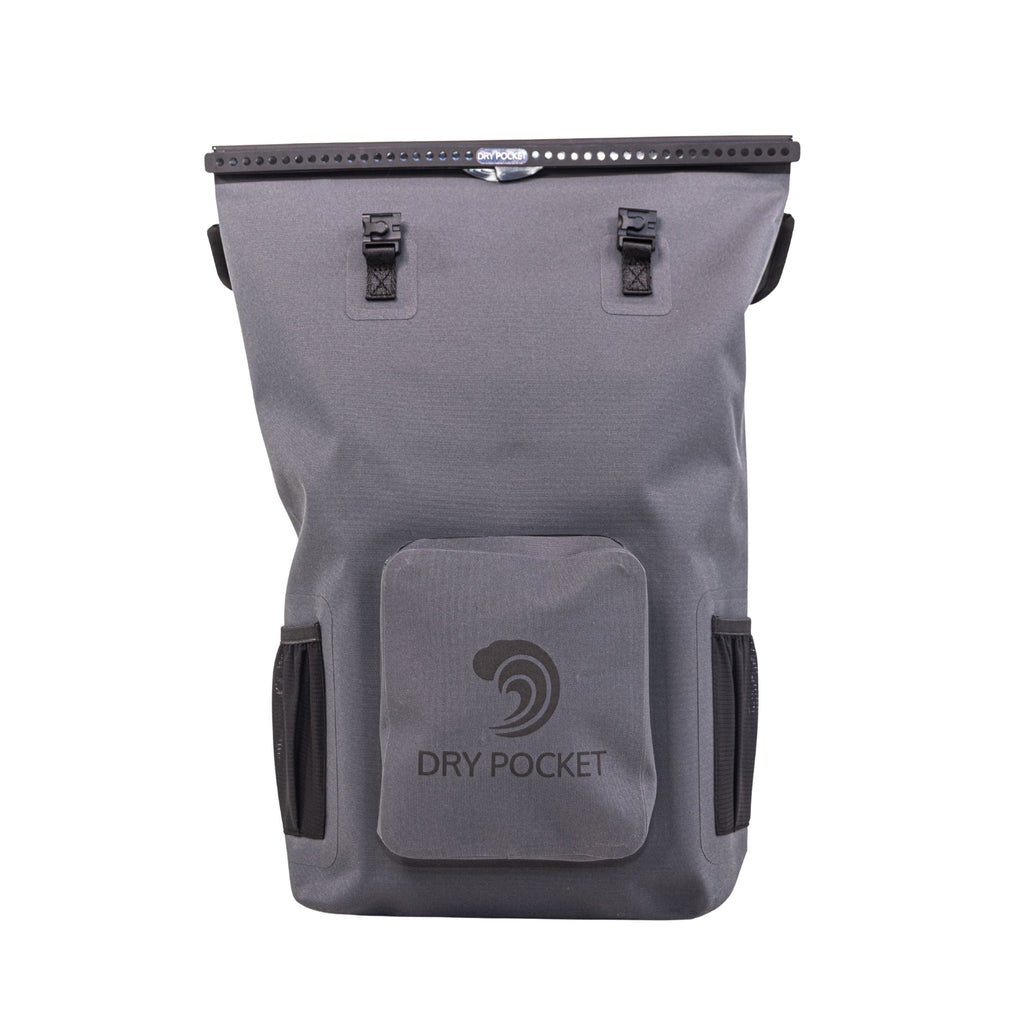 Gray Dry Pocket waterproof dry bag for hunting and outdoor gear storage, roll-top closure, side pockets