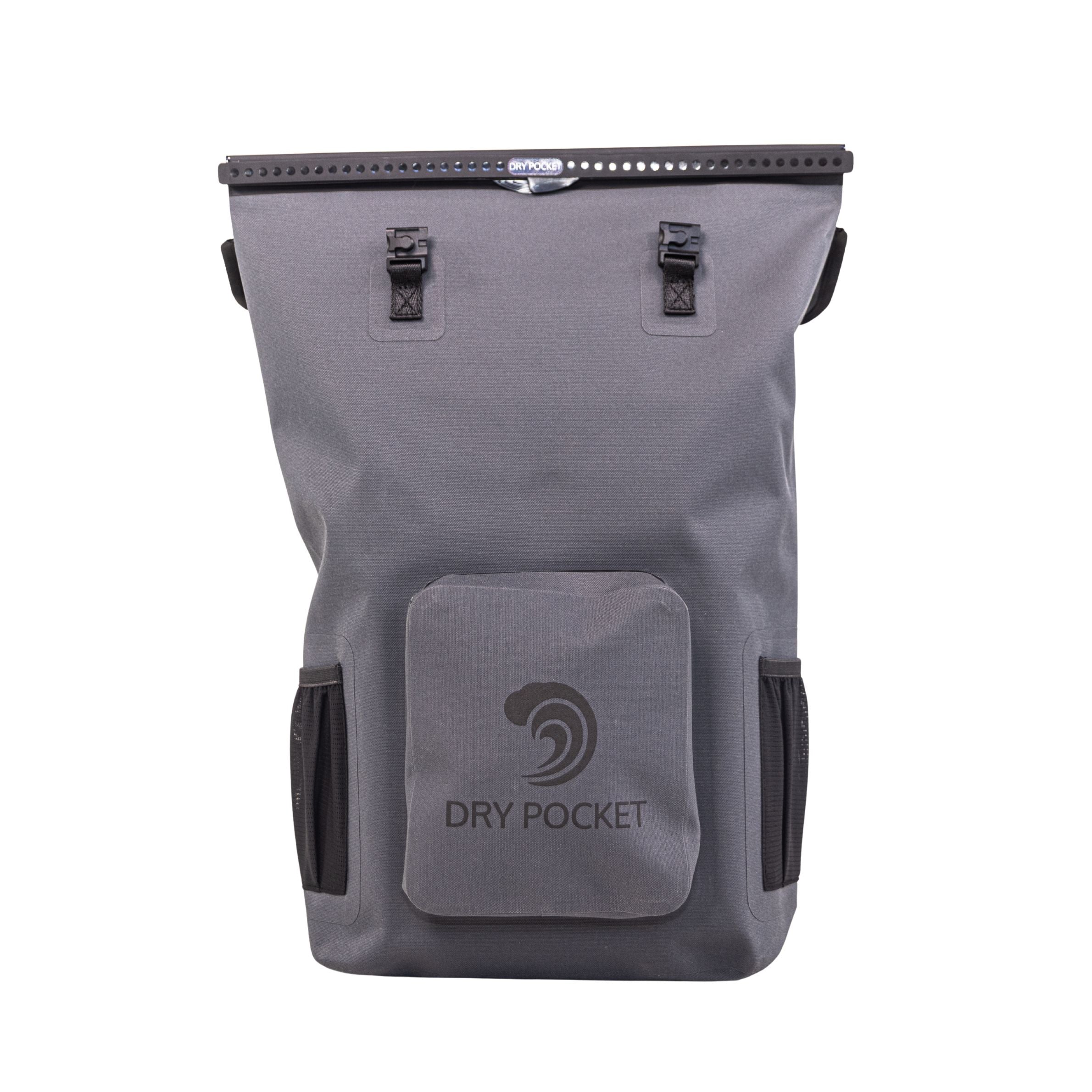 Gray Dry Pocket waterproof dry bag for hunting and outdoor gear storage, roll-top closure, side pockets