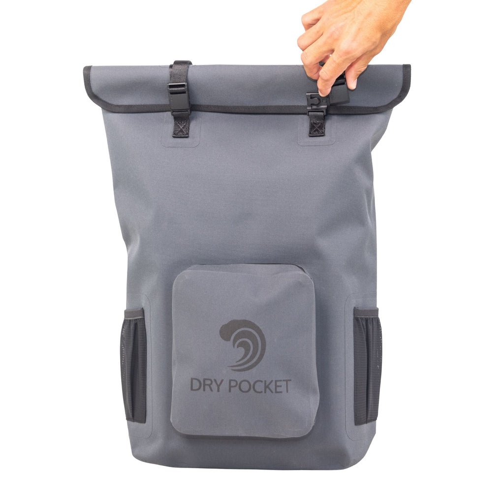 Gray waterproof roll-top backpack with dry pocket, ideal for hunting and outdoor adventures