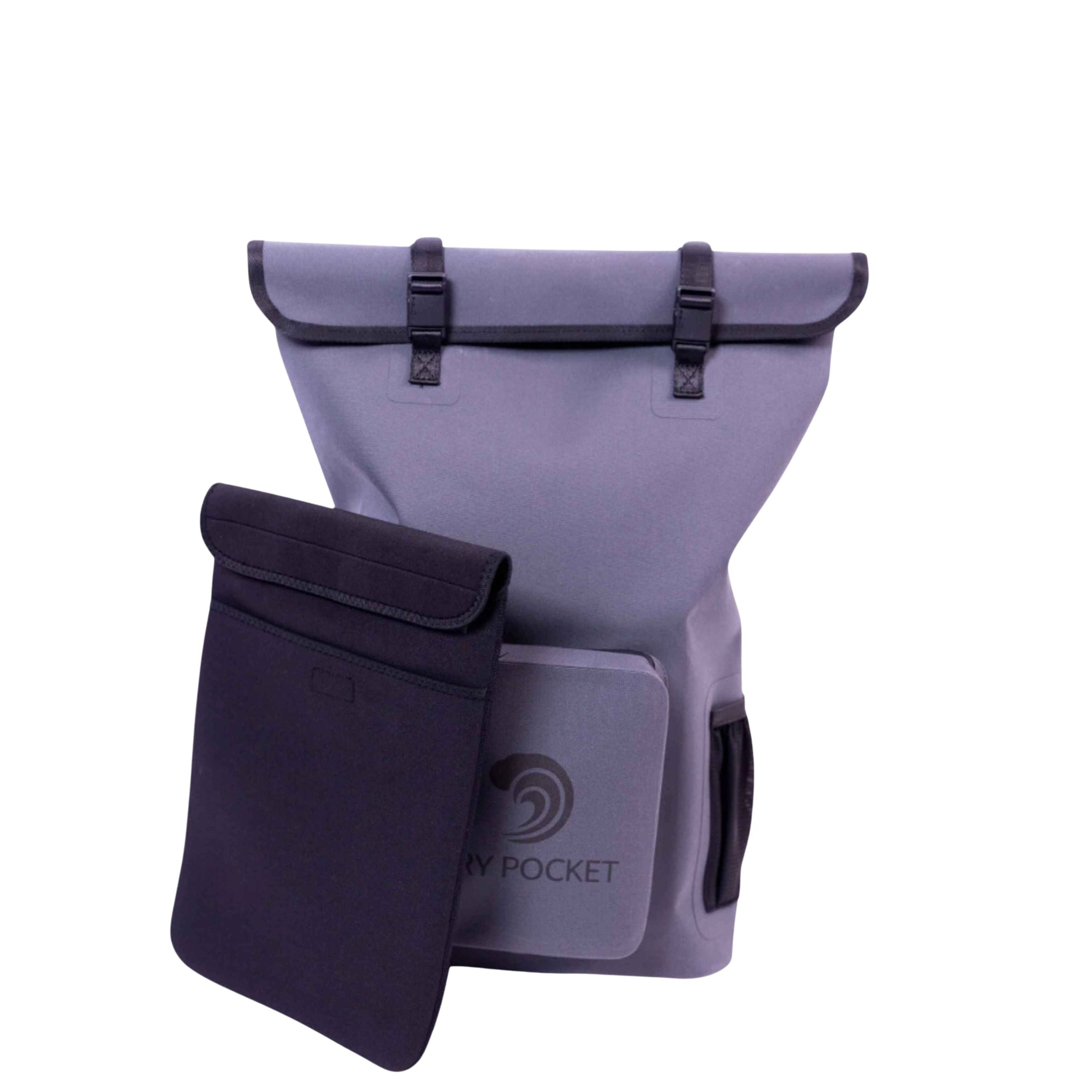 Gray roll-top backpack with black straps and dry pocket sleeve for outdoor gear storage