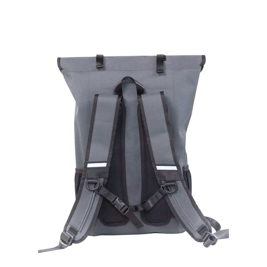 Gray roll-top backpack with padded straps and reflective strips for outdoor hunting gear storage