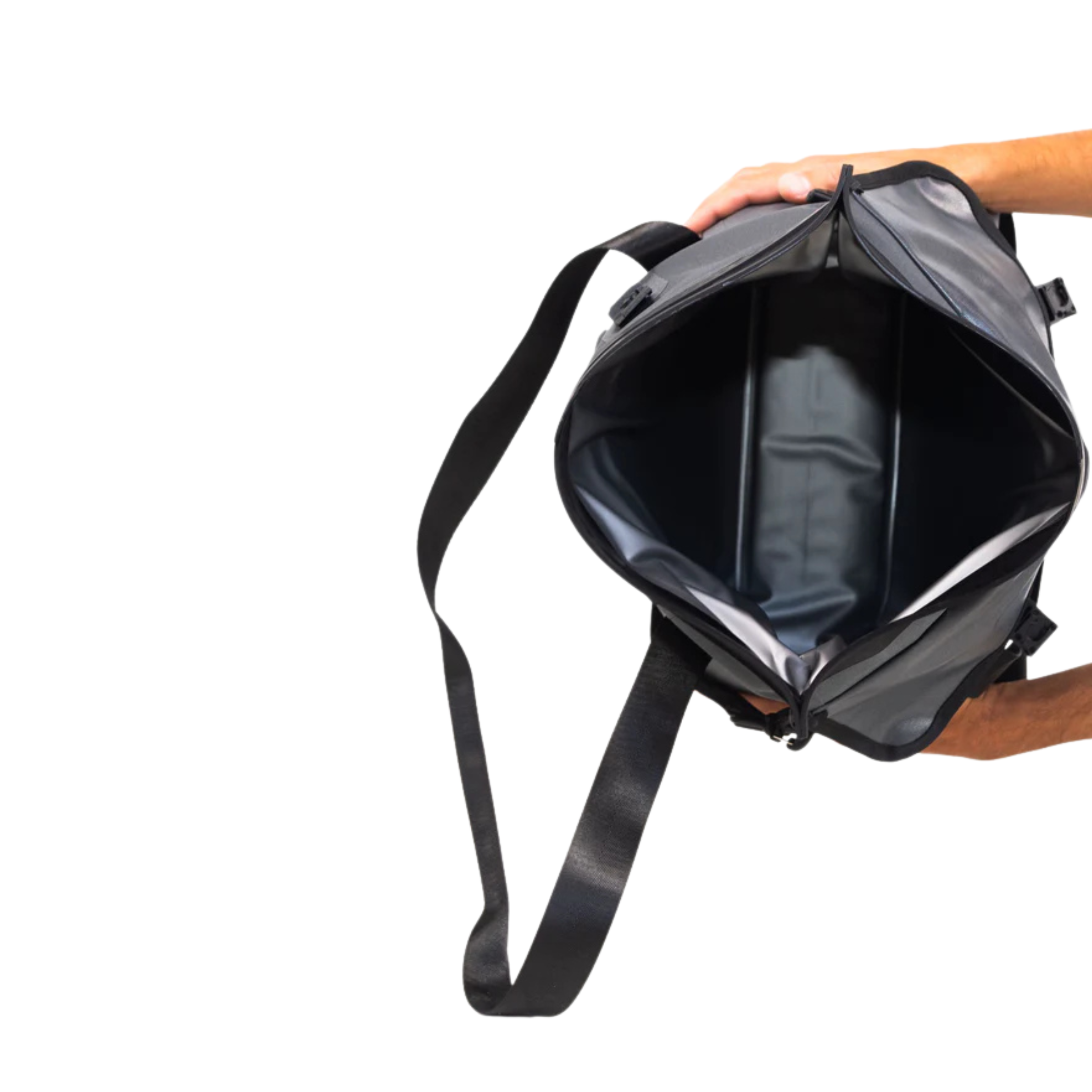 Black waterproof duffel bag with shoulder strap, ideal for hunting gear storage and transport