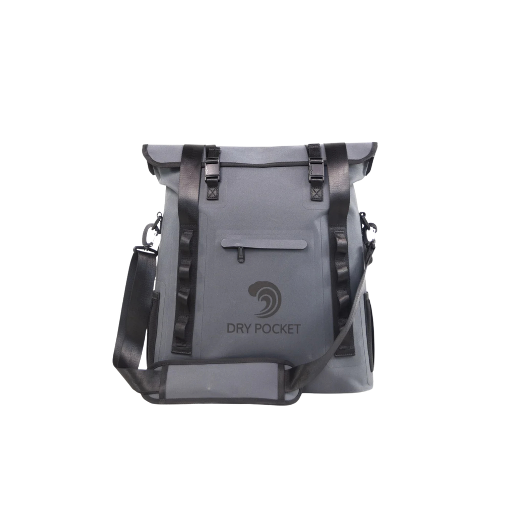 Gray Dry Pocket waterproof dry bag with black straps, ideal for hunting, fishing, and outdoor adventures.