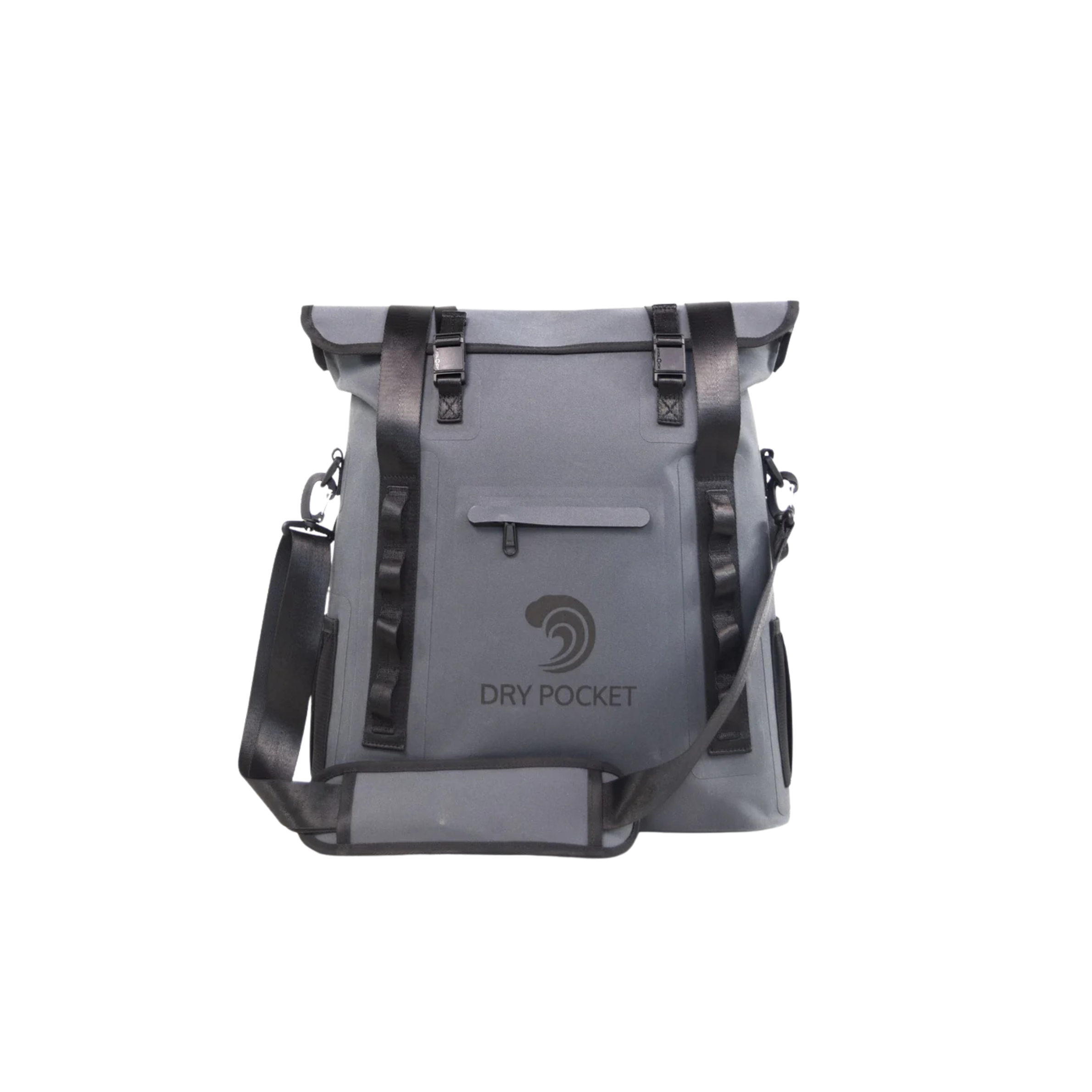 Gray Dry Pocket waterproof dry bag with black straps, ideal for hunting, fishing, and outdoor adventures.