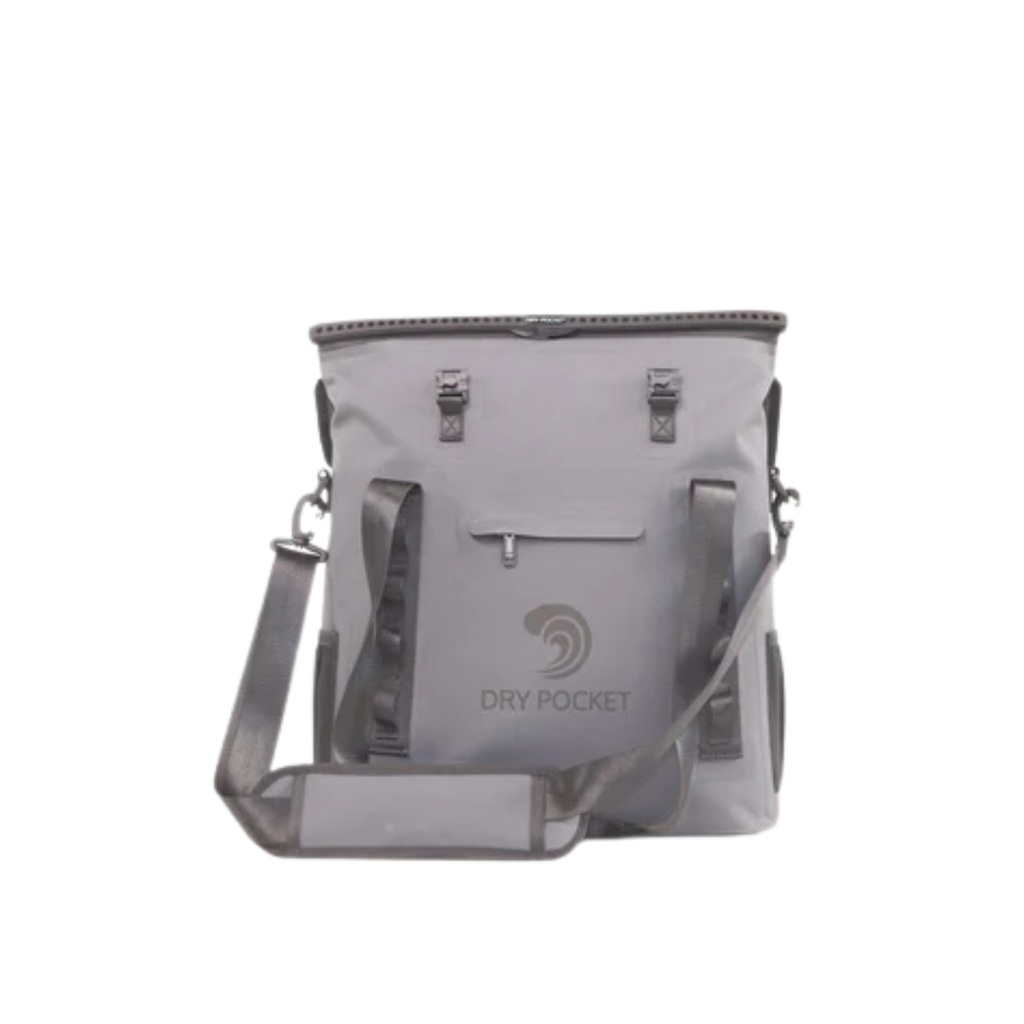 Gray Dry Pocket waterproof dry bag with shoulder strap, ideal for hunting, fishing, and outdoor adventures