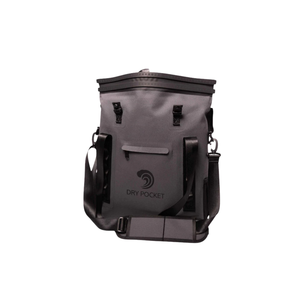 Gray Dry Pocket waterproof dry bag with shoulder strap, ideal for hunting, fishing, and outdoor adventures.