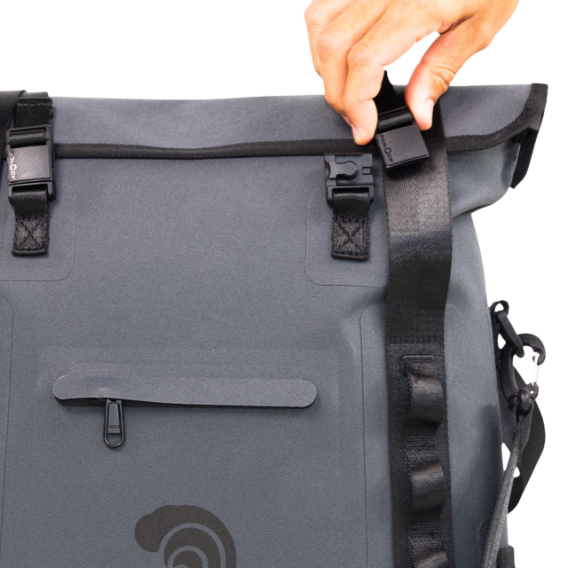 Gray waterproof roll-top backpack with black buckles and straps for hunting and outdoor gear storage