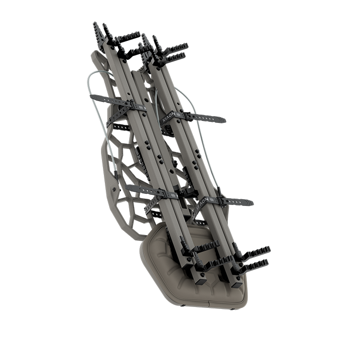 Xion brand hunting tree stand with adjustable straps and camouflage gray finish for secure elevated hunting