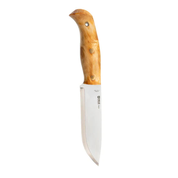 Mora knife with curved blade and ergonomic wood handle for outdoor hunting and camping use