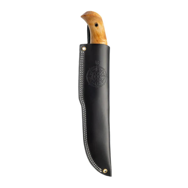 Hunting knife with wooden handle in black leather sheath, outdoor gear for camping and survival