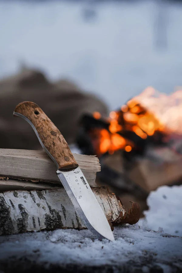 Birch bark handle hunting knife on snowy log near campfire, outdoor survival gear