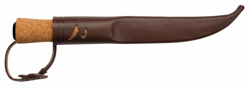 Hunting knife with cork handle and brown leather sheath, ideal for outdoor survival and camping gear