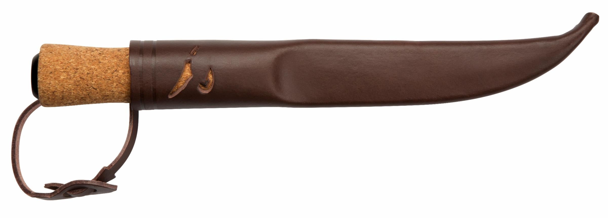 Hunting knife with cork handle and brown leather sheath, ideal for outdoor survival and camping gear