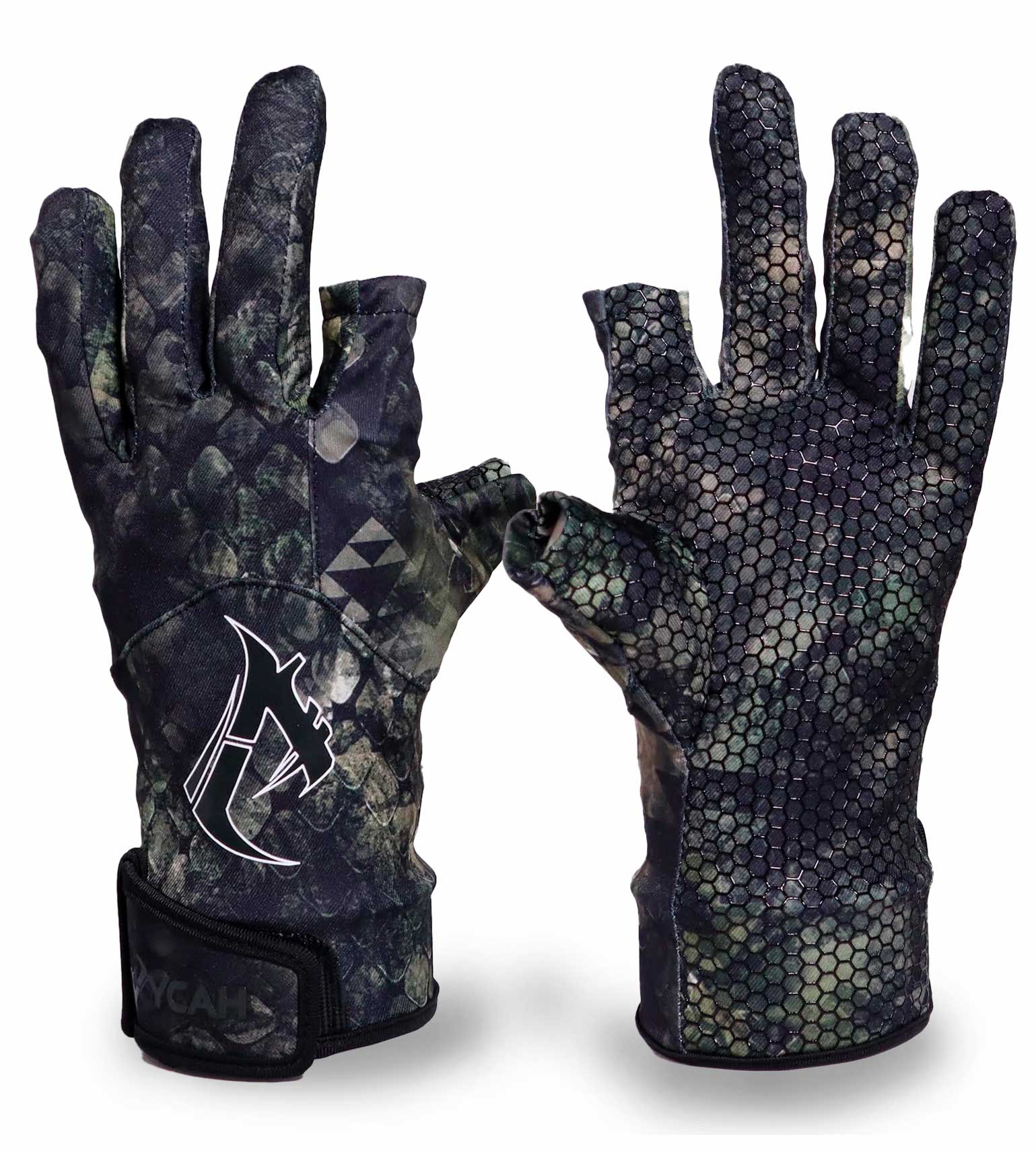Vycah Huntley fingerless hunting gloves in Deep Woods camo showing camo back and hex silicone grip palm