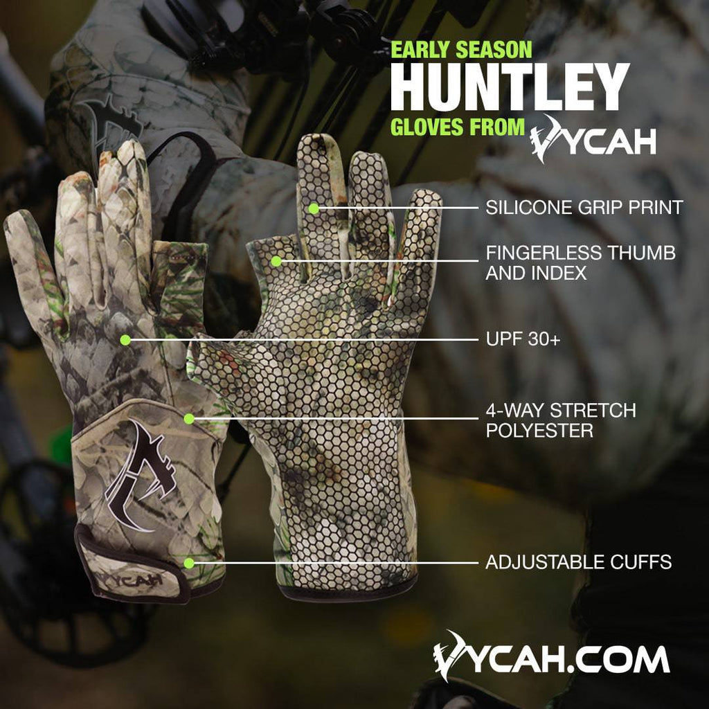 Vycah Huntley glove features: silicone grip print, fingerless thumb and index, UPF 30+, four-way stretch polyester, adjustable cuffs