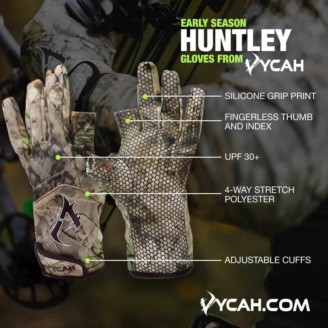 Vycah Huntley glove features: silicone grip print, fingerless thumb and index, UPF 30+, four-way stretch polyester, adjustable cuffs