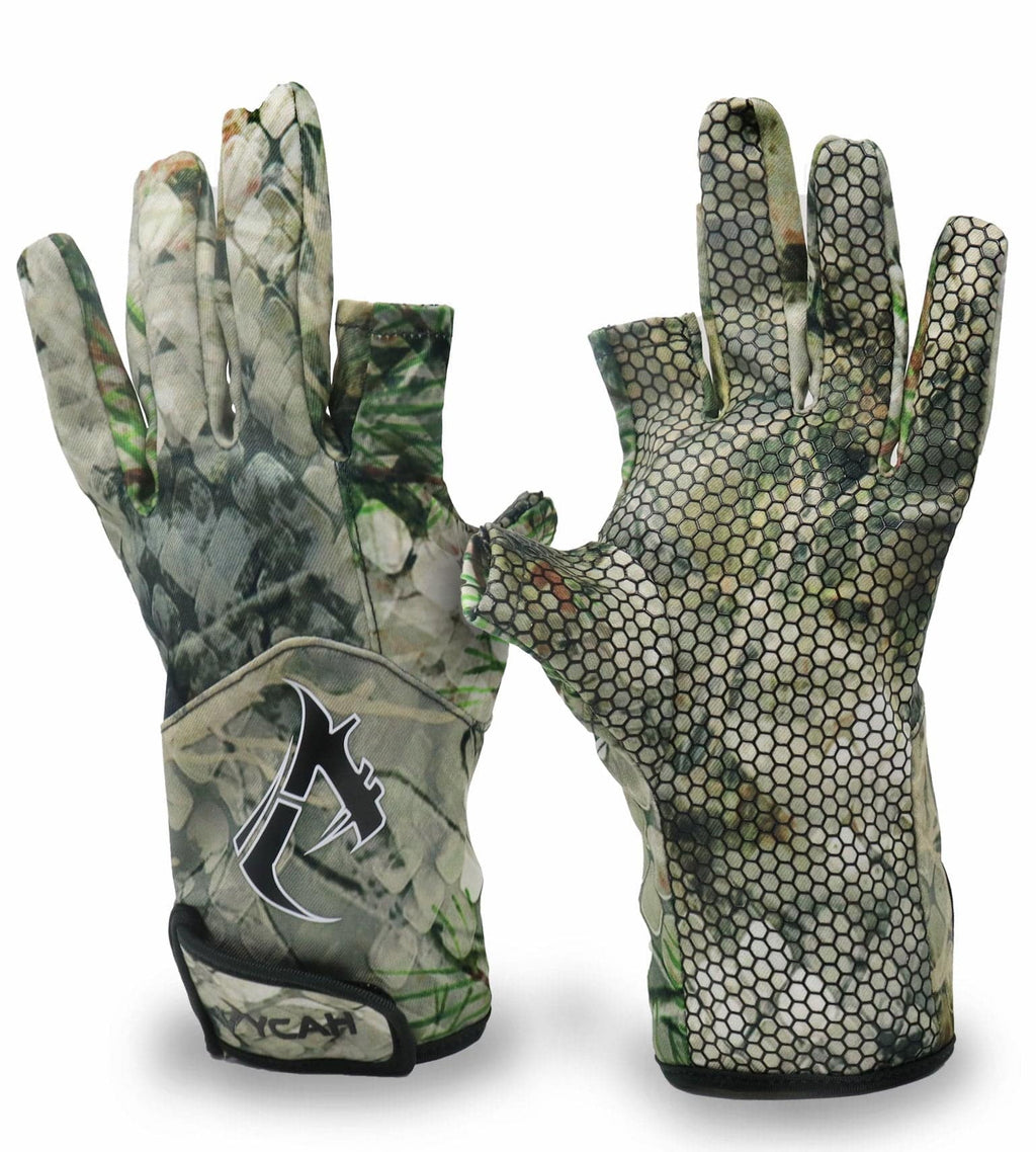 Vycah Huntley fingerless hunting gloves in Fall camo showing camo back and hex silicone grip palm