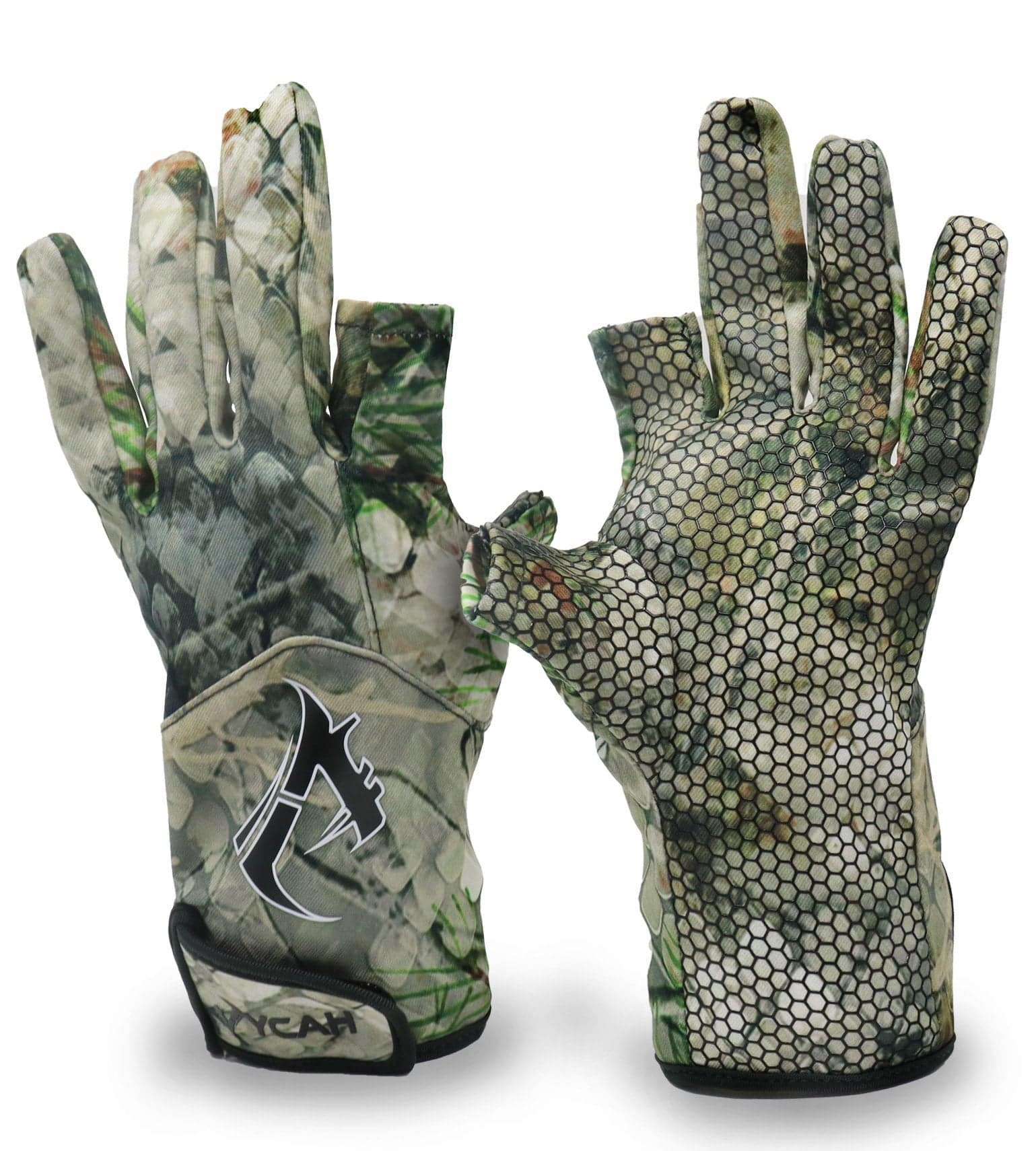 Vycah Huntley fingerless hunting gloves in Fall camo showing camo back and hex silicone grip palm