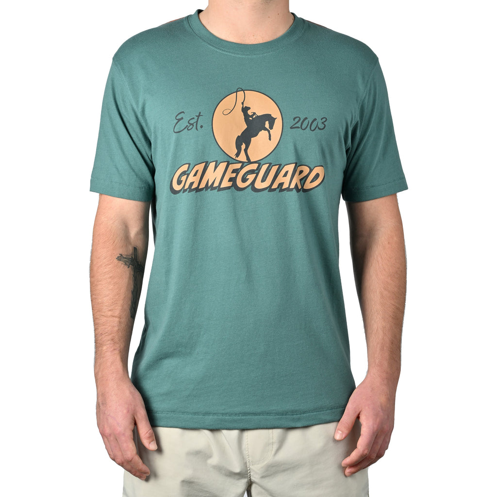 Green Gameguard t-shirt with cowboy on horse graphic, Est. 2003, for hunting and outdoor use