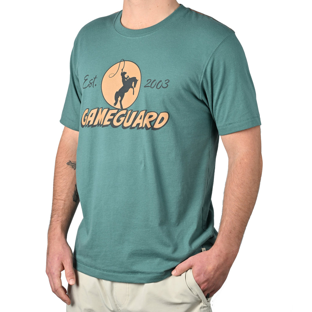 Green Gameguard t-shirt with cowboy on horse graphic, hunting apparel for outdoorsmen