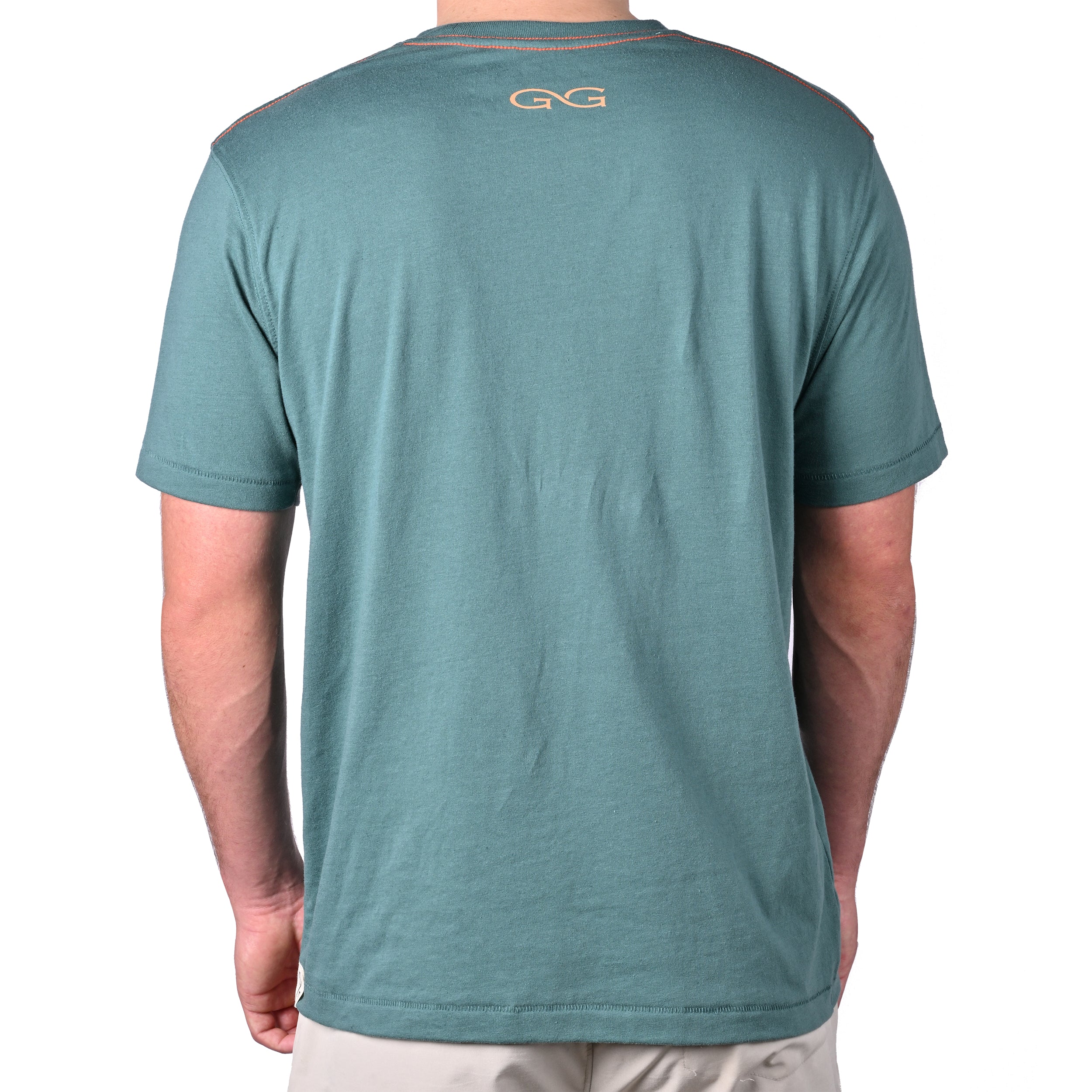 Green outdoor t-shirt with orange stitching and GG logo, ideal for hunting and fishing adventures