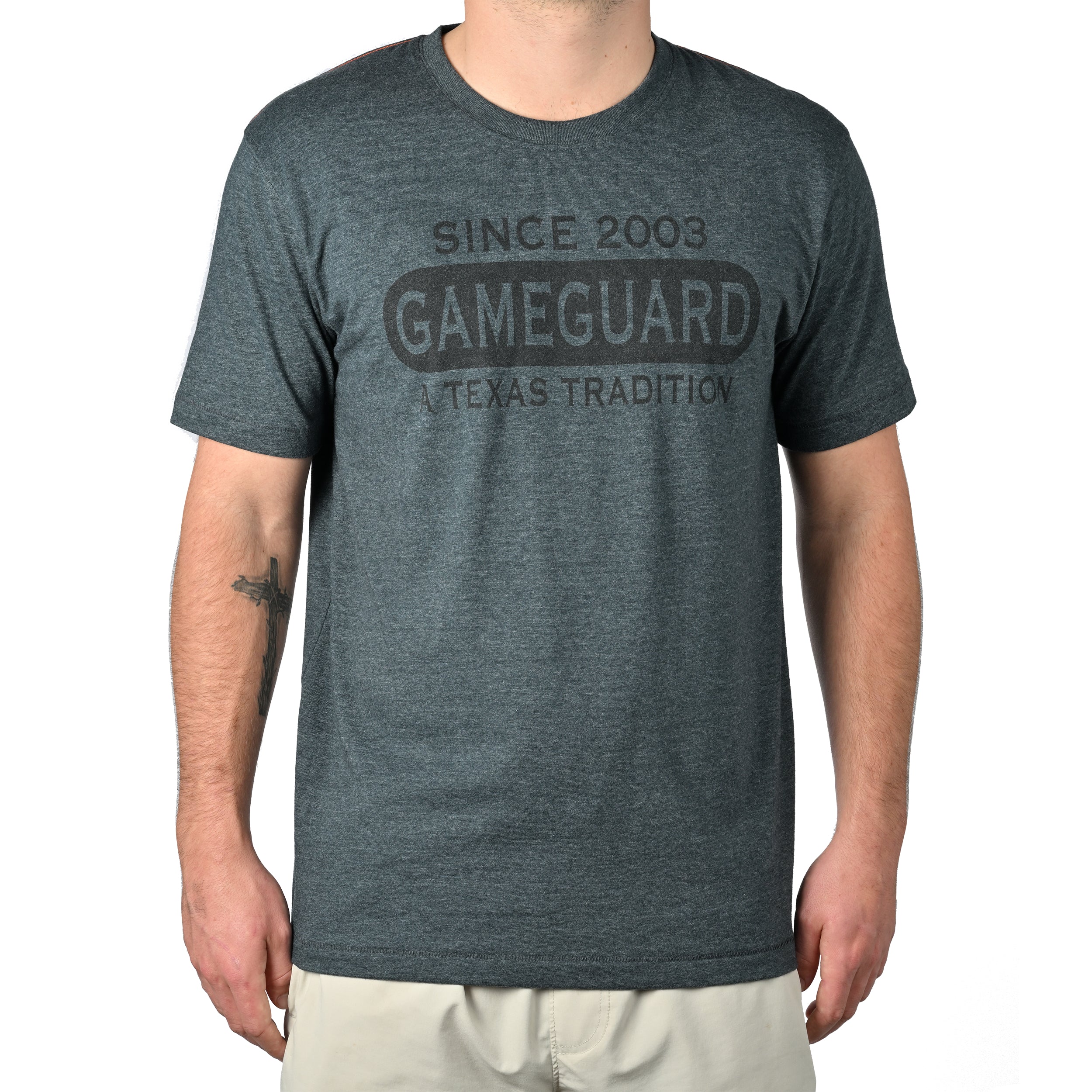 Dark gray GameGuard t-shirt with 'Since 2003 A Texas Tradition' text, hunting apparel for outdoorsmen