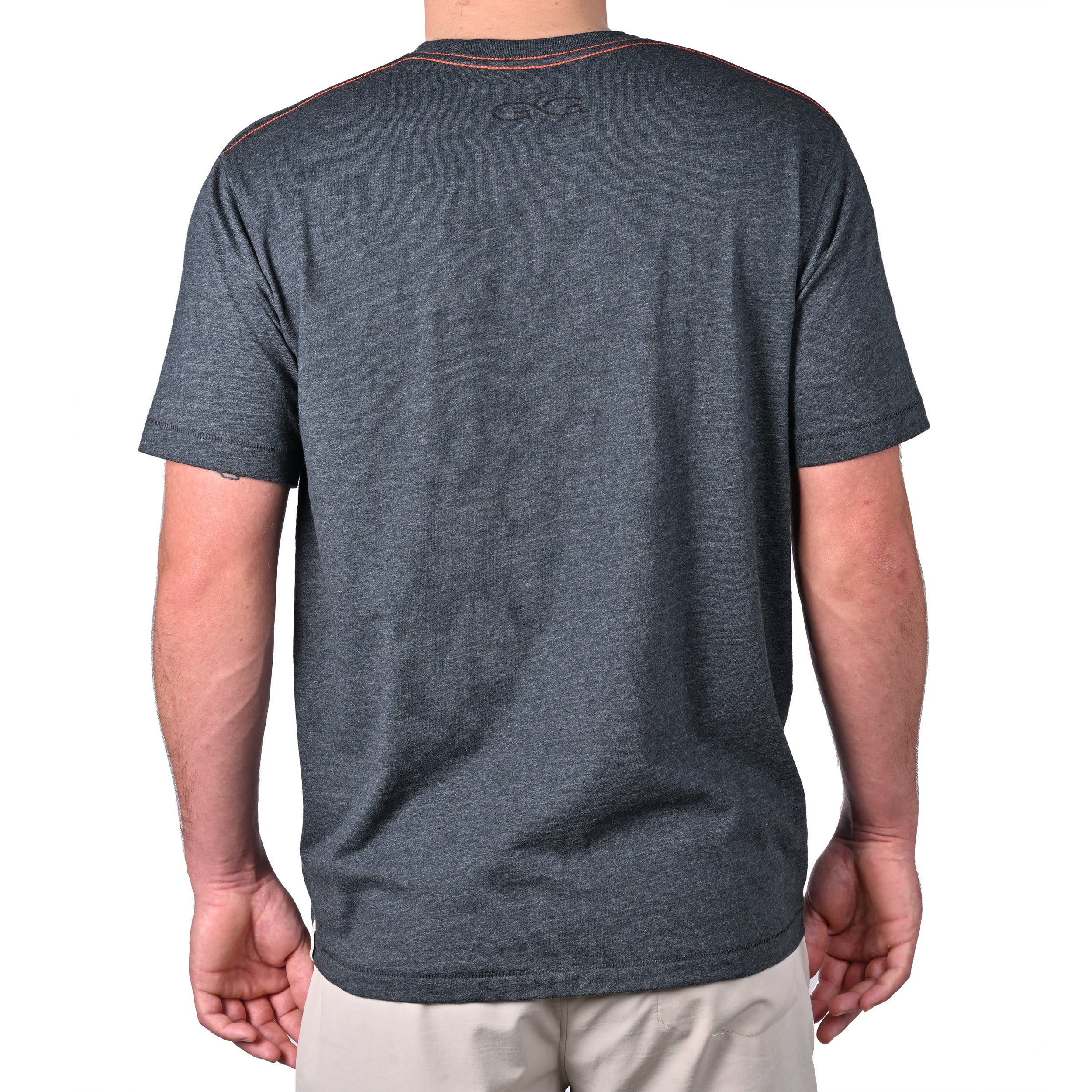 Men's charcoal gray hunting t-shirt with orange stitching, back view, for outdoor and hunting apparel