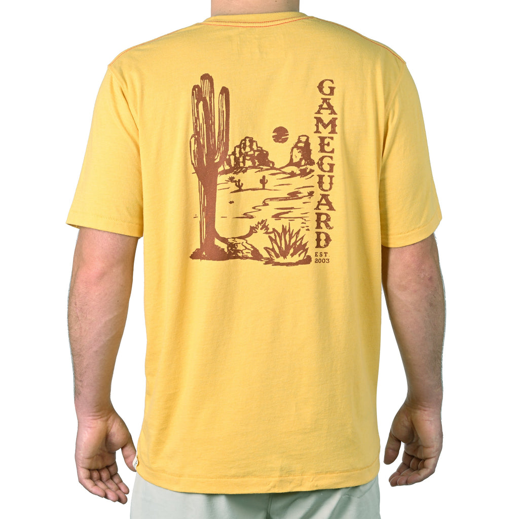 Yellow GameGuard t-shirt with desert cactus graphic, ideal for hunting and outdoor adventures