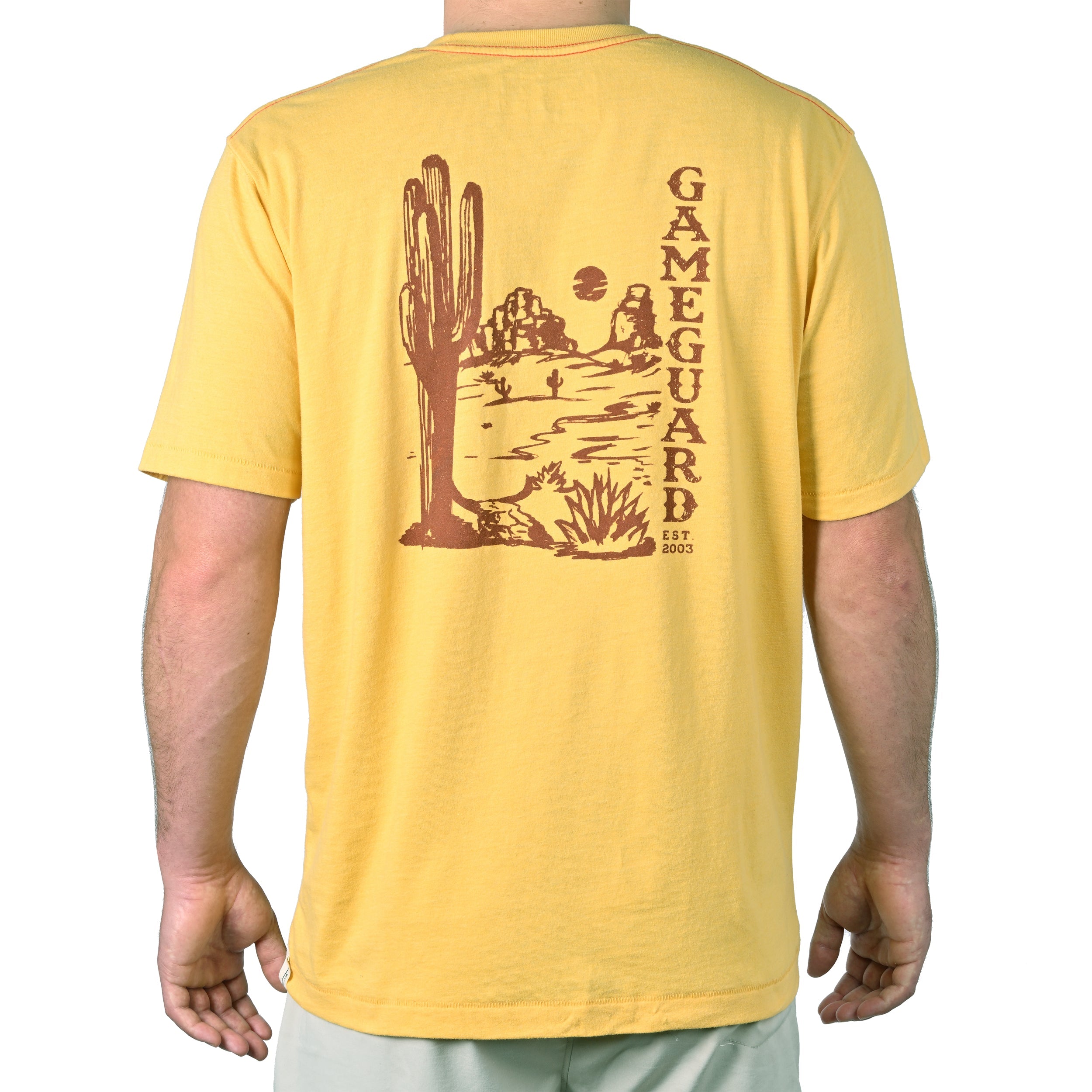 Yellow GameGuard t-shirt with desert cactus graphic, ideal for hunting and outdoor adventures