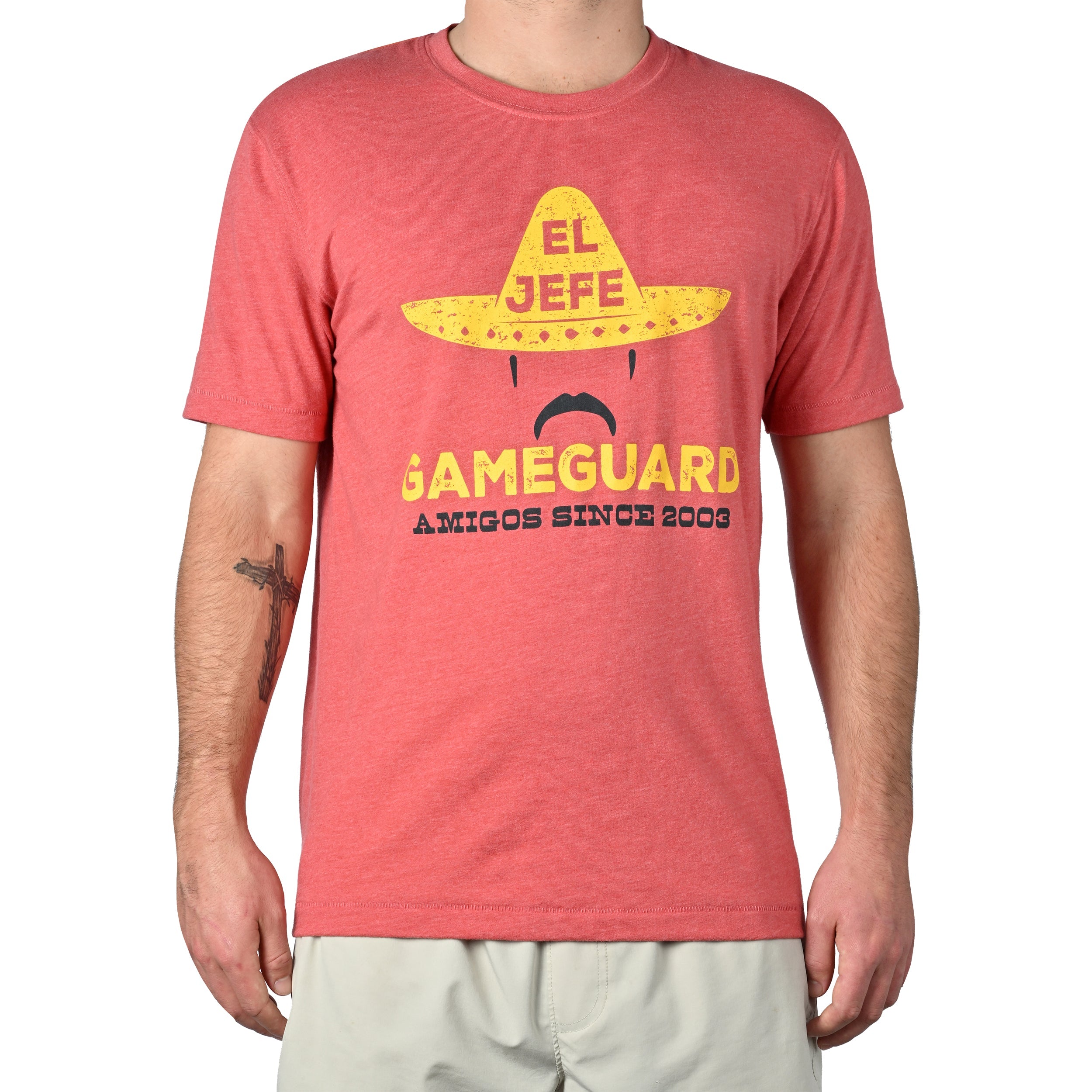 Red Gameguard El Jefe graphic tee with sombrero design, hunting apparel for outdoorsmen