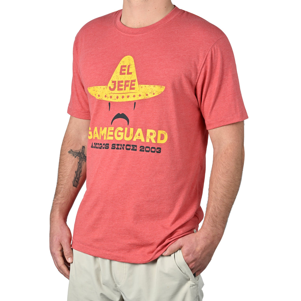 Coral gameguard t-shirt with El Jefe sombrero graphic, hunting apparel for outdoorsmen since 2003
