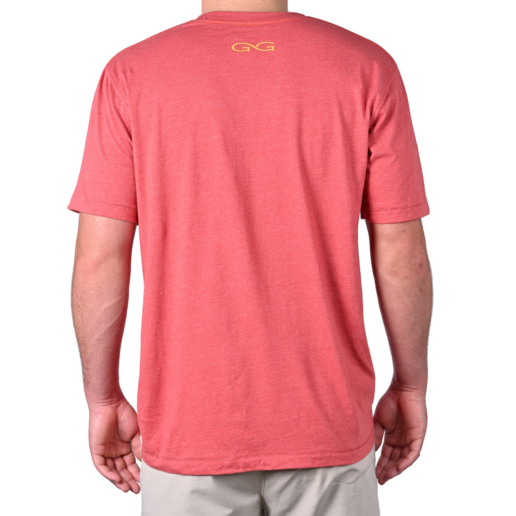 Coral heather men's short sleeve t-shirt with gold logo on back, casual outdoor wear