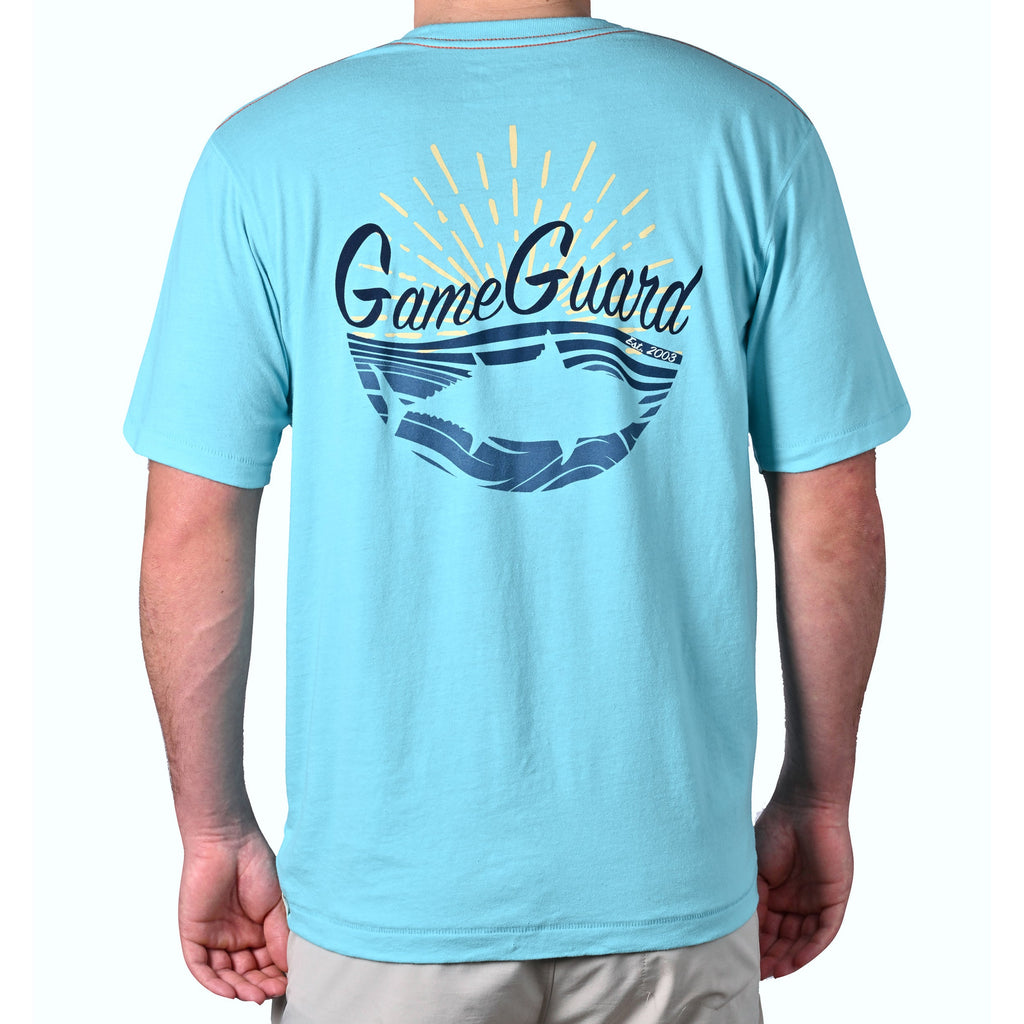 Light blue GameGuard graphic t-shirt with sunburst design, ideal for outdoor hunting and fishing adventures.