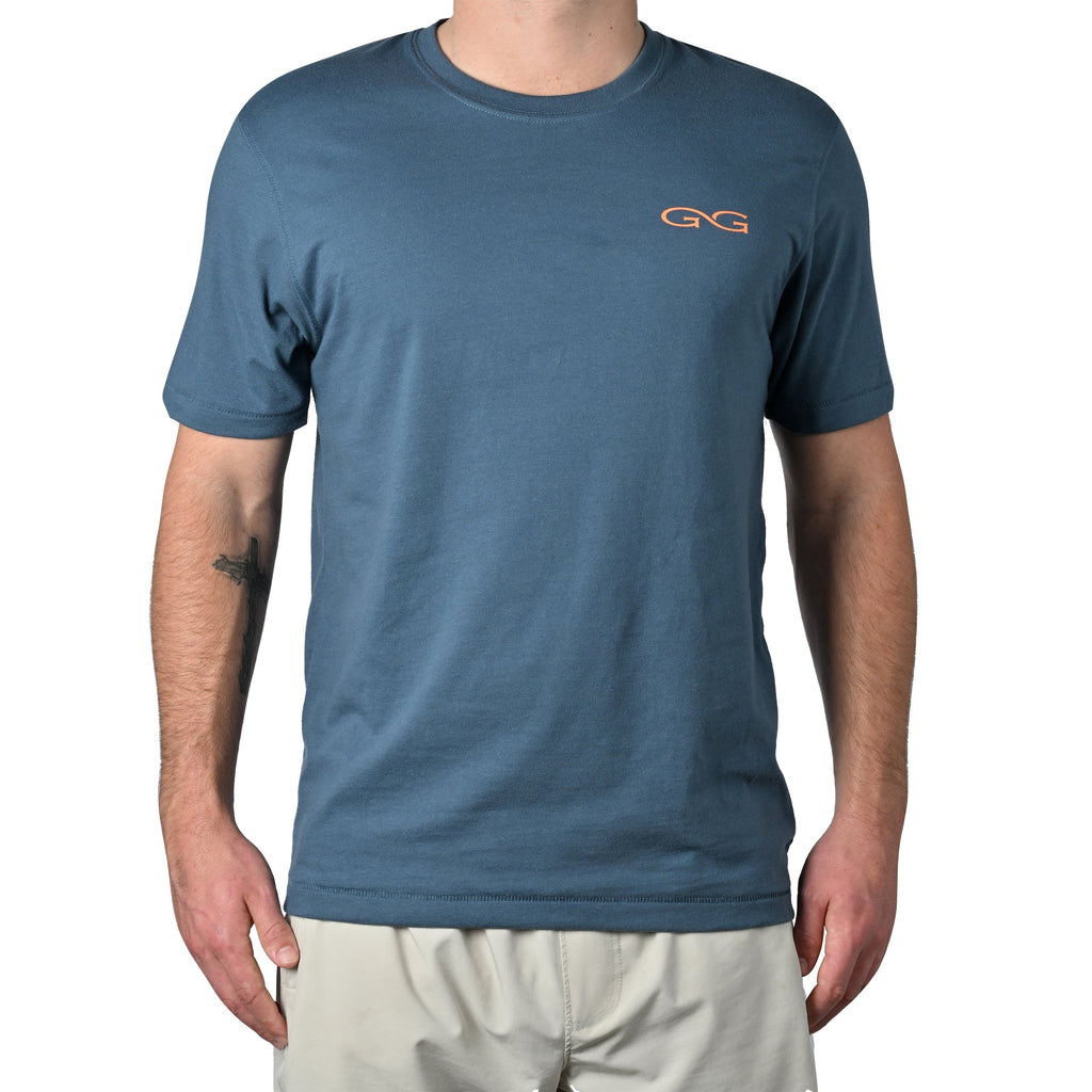 Blue short sleeve t-shirt with orange GG logo, ideal for hunting and outdoor activities