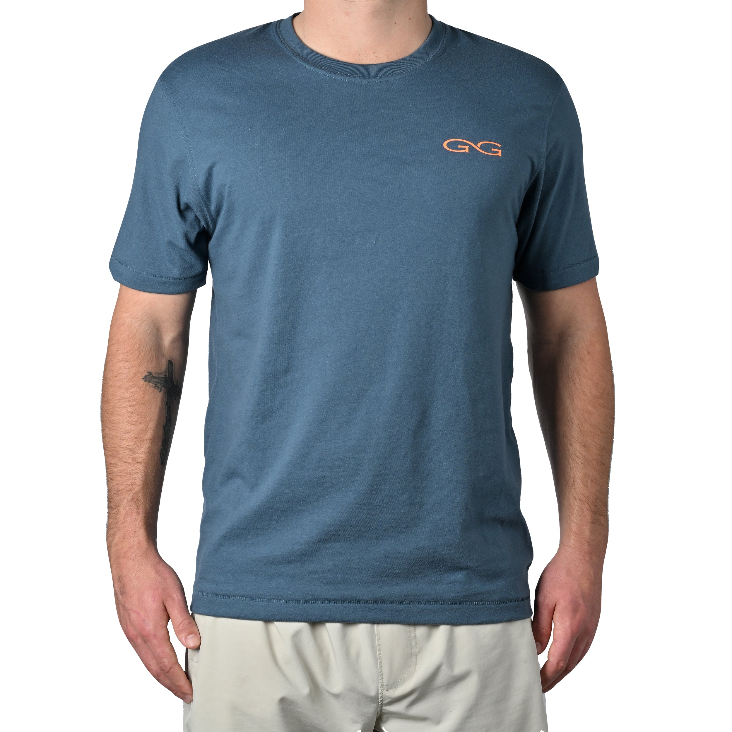 Blue short sleeve t-shirt with orange GG logo, ideal for hunting and outdoor activities