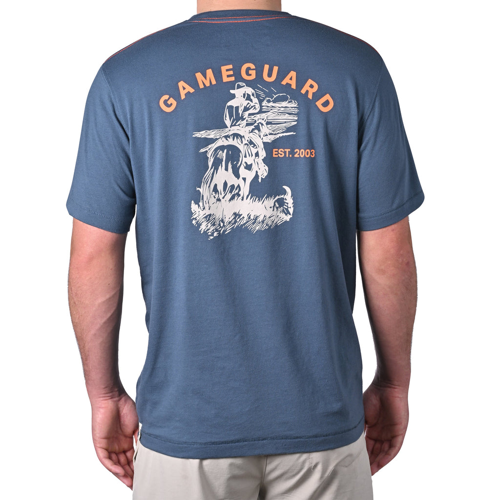 Blue Gameguard hunting t-shirt with orange text and graphic, ideal for outdoor adventures and wildlife conservation.