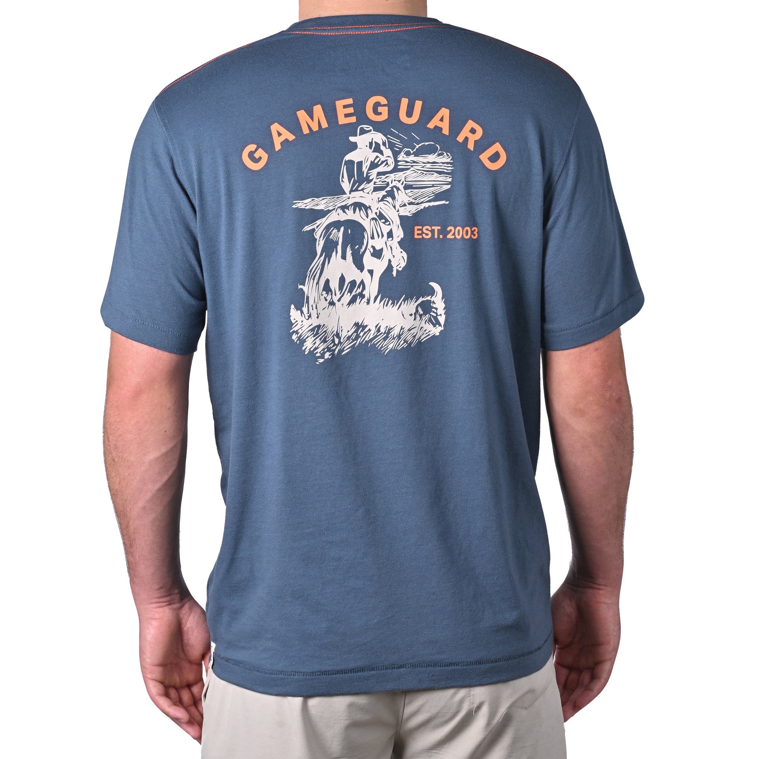 Blue Gameguard hunting t-shirt with orange text and graphic, ideal for outdoor adventures and wildlife conservation.