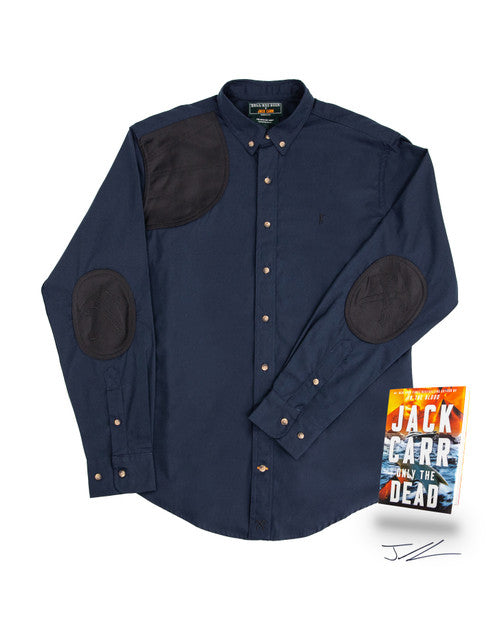 Jack Carr x Ball and Buck Limited Edition Shirt #002 in navy with black neoprene shoulder and elbow patches, shown with a Jack Carr novel
