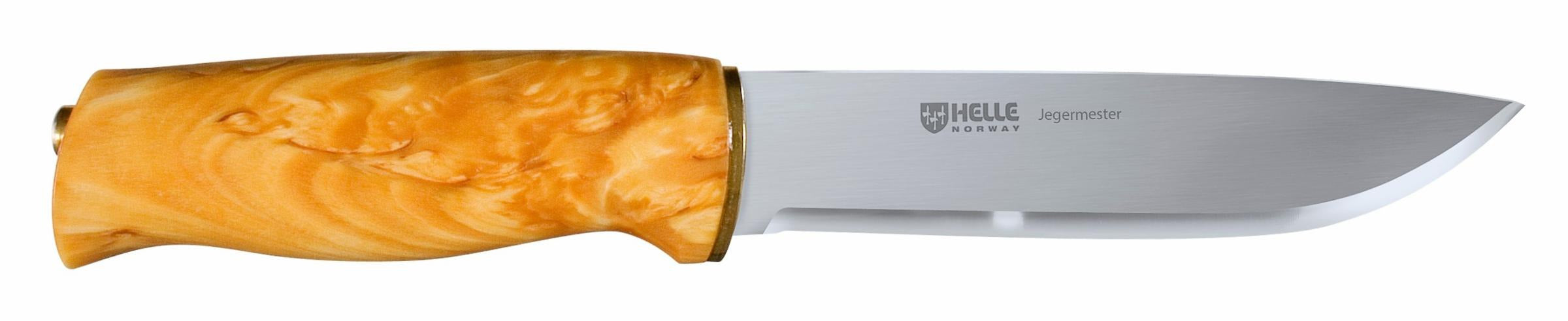 Helle Jegermester hunting knife with curly birch handle and stainless steel blade, ideal for outdoor use